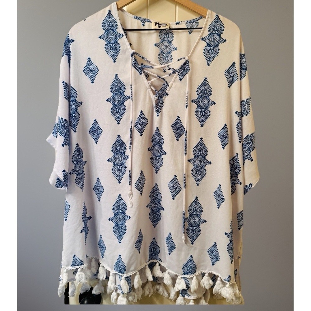 Show Me Your Mumu Tennessee Tassel Tunic Top Blue White Boho Lace Up Large